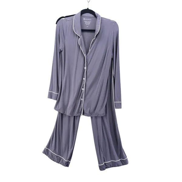Shapeez Gray Bamboo Spandex Button Down Pajama Set Small Long Sleeve Wide Leg - Image 2