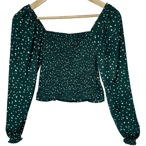 NEW Abercrombie & Fitch Green White Ruffled Smocked Puff Sleeve Blouse Size XXS - Image 3