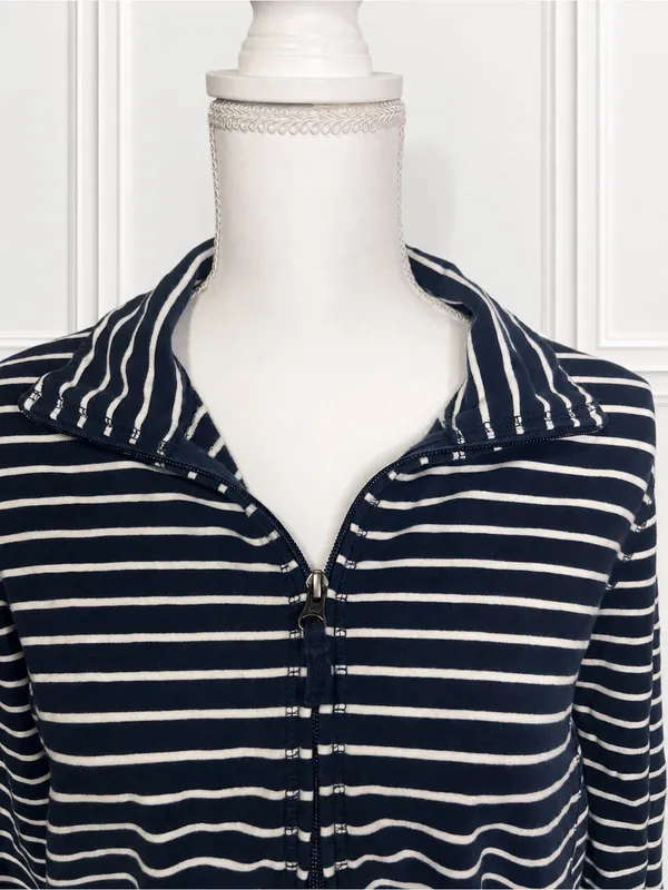L.L.Bean Ultrasoft Sweats Full Zip Mock Neck Jacket Navy Stripe Women’s L - Image 4