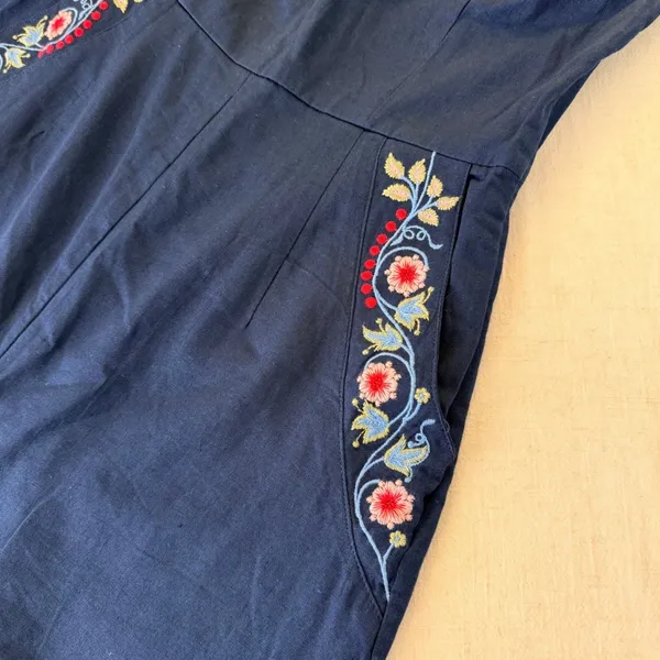 Bombay Paisley Strapless‎ Embroidered Linen Blend Jumpsuit Navy Blue XS Boho - Image 14