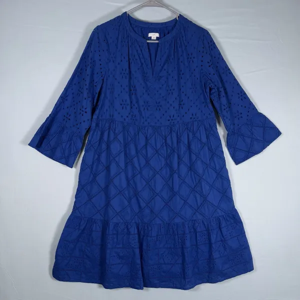 J Jill Size-S‎ Eyelet Tiered Dress Royal Blue Cotton Amalfi Coastal Boho - Image 4