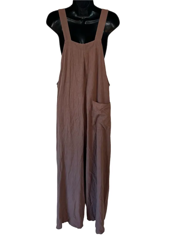 Caracilia Brown Wide-Leg Linen-Blend Overalls Jumpsuit - Image 11