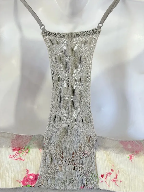 Vtg Free People Floral Tiered Boho Cottagecore crochet Cami Pink & Green 8 - Image 10