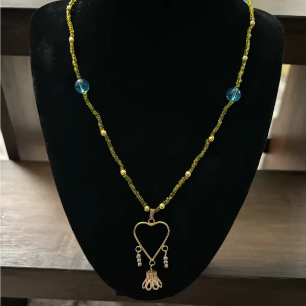 Chic Yellow and Blue Beaded Heart Pendant Necklace with Dangle Bell - Image 3