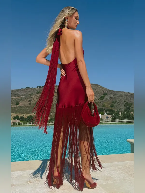 Show Me Your Mumu Jasmine Fringe Maxi Dress size Large L Cranberry Luxe Satin - Image 5