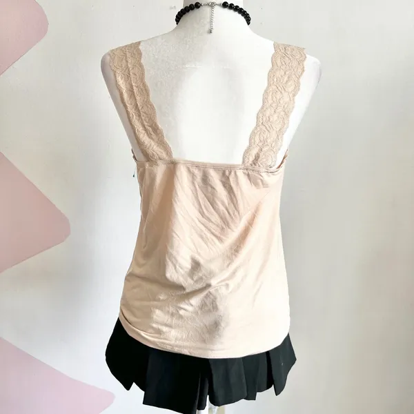 Vanity Fair Beige‎ Lace Trim Tank Top, Y2K Coquette Vintage Western Boho, XL - Image 3
