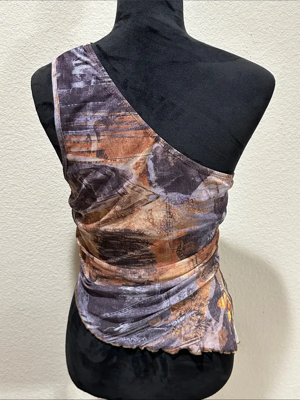 One-Shoulder Abstract Mesh Print Top - Brown & Purple Tones - Image 2