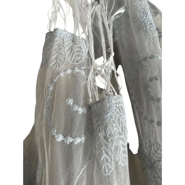 CrossTree Lane Sheer Embroidered Mesh Lace Kimono Boho Fairy Fringe Gray‎ OS - Image 2