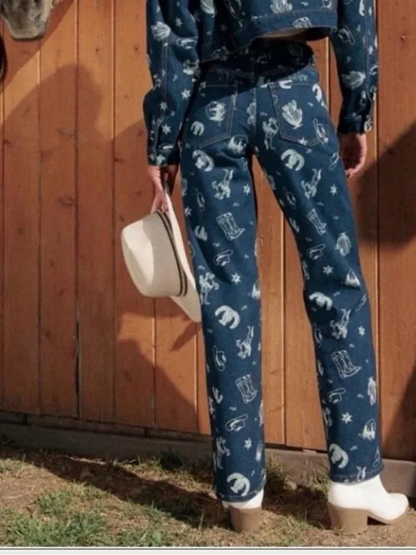 Cali 1850 Western Print Wide Leg Crop Ankle Sark Wash Denim Jeans Size 26/3 - Image 4