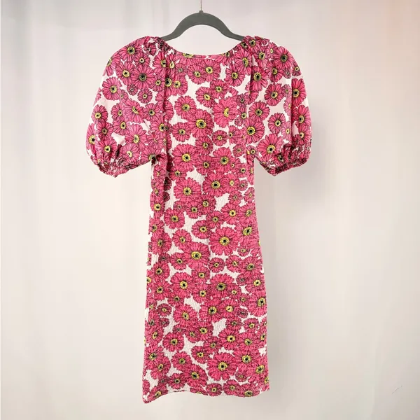 NWT Zara Puff Sleeve Smocked Floral Mini Dress in Pink White‎ Size Small - Image 6