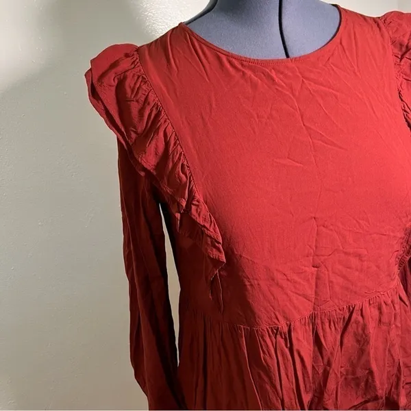 Loft Women's Size Large Wild Currant Ruffle-Sleeve Peplum Top Burnt‎ Red Orange - Image 6