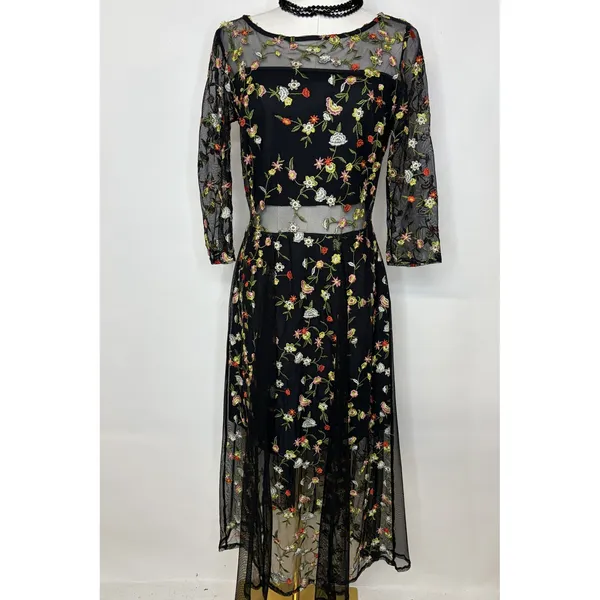Lucy Paris Black Floral Embroidered Mesh Dress Sheer Overlay Romantic Size S - Image 2