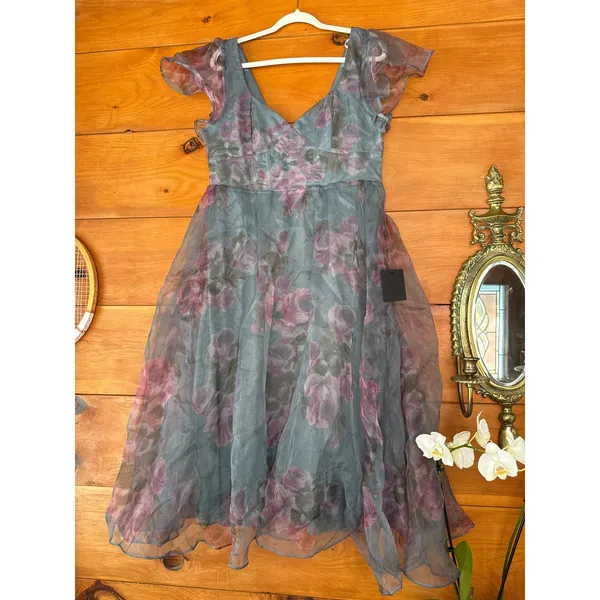 NWT Lulus Mesmerizing Mood Slate Floral Organza Ruffled A-Line Midi Dress Sz XL - Image 2