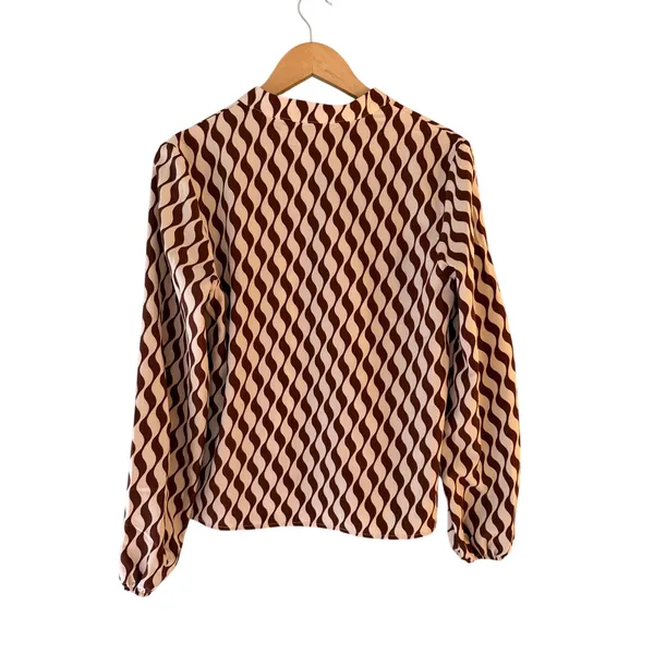 Brown Cream Abstract Wave Print Blouse Long Sleeve Retro Boho Statement - Image 3