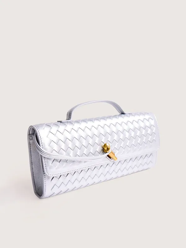 Woven Metallic Silver Shoulder Bag with Top Handle - Image 4