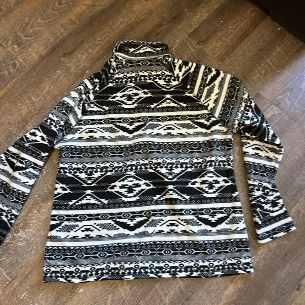 Eddie Bauer Womens XL Fleece Quarter Zip Pullover Black White Geometric Aztec‎ - Image 4