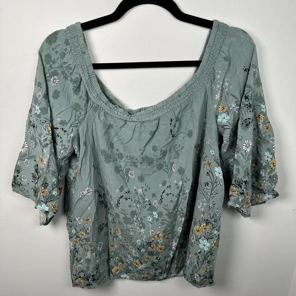 Maurices XL Blouse Womens Boho Green Floral Stretch‎ Neckline Off Shoulder - Image 12
