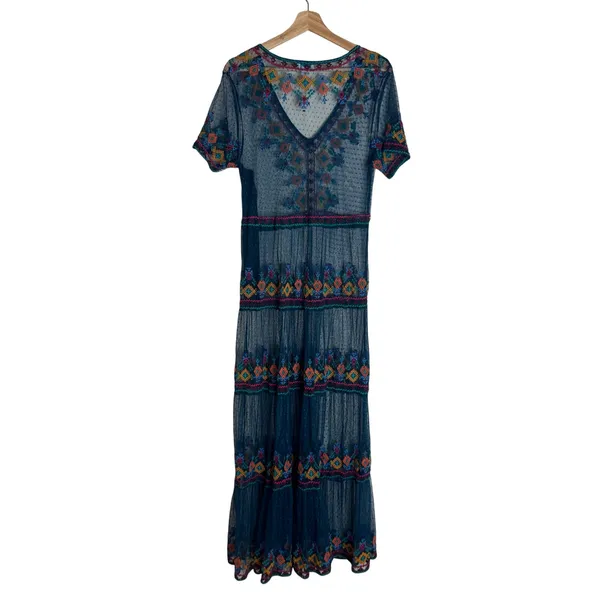 Sundance Maxi Dress Women's Embroidered Mesh Sheer Boho Teal Large - Image 2