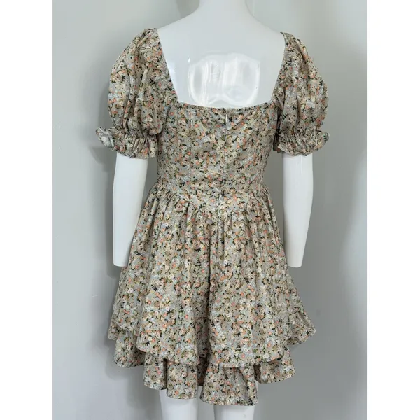 Women Floral Puff Sleeve Mini Dress Cottagecore Milkmaid Boho Corset Waist S - Image 6