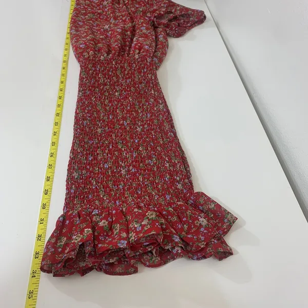 Urban Outfitters‎ Women's M Red Floral Smocked Mini Dress Short Sleeve Ruffle - Image 5