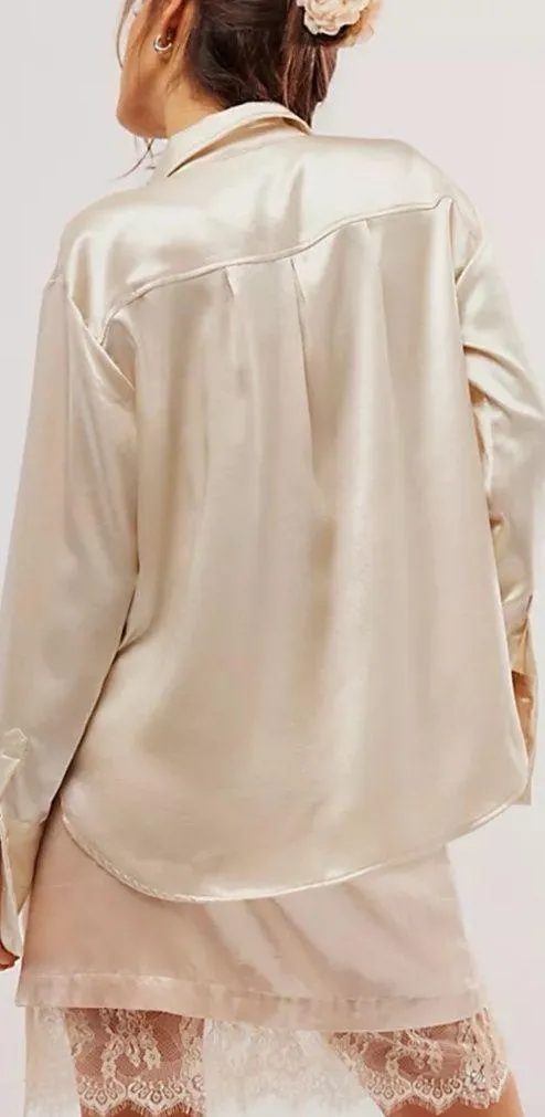 FREE PEOPLE Shooting For The Moon Satin Long Sleeve Button Up Top Shirt Blouse - Image 2