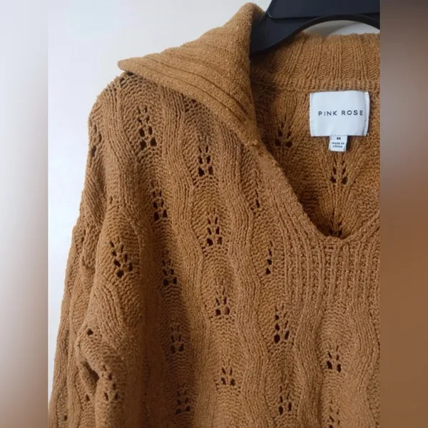 Pink Rose Camel Brown Open Knit Collared Cropped Sweater -‎ Size M - Image 5