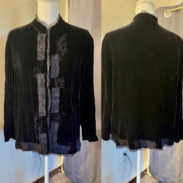 Chicos Black Silk Blend Velvet Beaded Lace Jacket Mandarin Collar Size 2‎ - Image 10