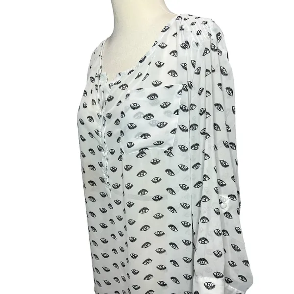 Torrid Ivy Eye Blouse Womens 3X White Black Chiffon Roll Tab Sleeve Mystical Top - Image 3