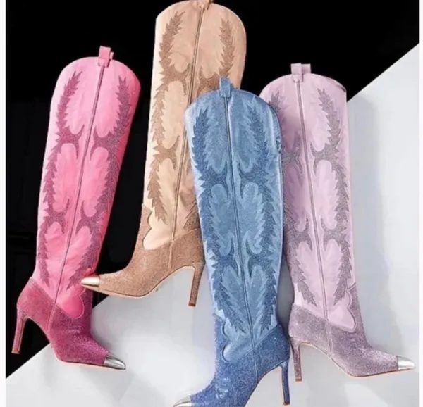 NWT Gianni Bini KatyannaTwo Over-the-Knee Rhinestone Embellished Western Boots in pop pink. Size 8.5 - Image 3