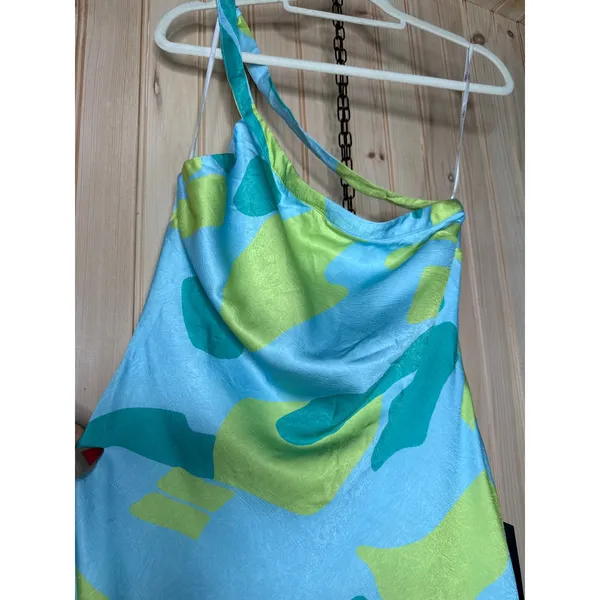 NWT Lulus Betania Blue Multi Abstract Satin One-Shoulder Mini Dress Party Size M - Image 4