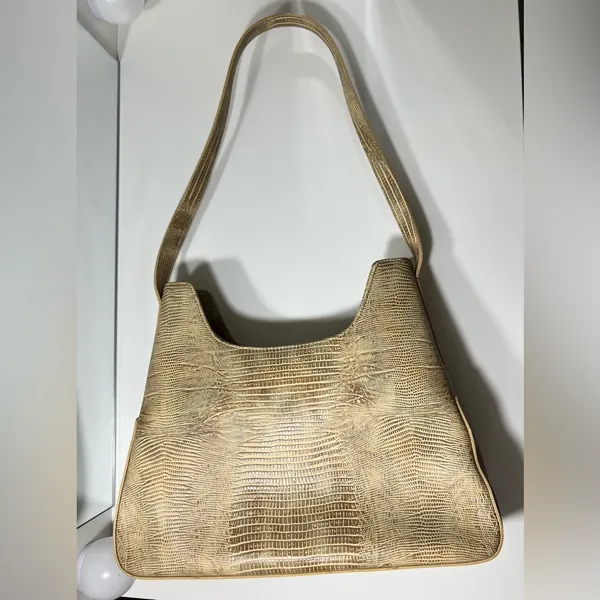 Vintage GUESS Embossed Lizard Print Shoulder Bag Y2K Tan Beige Purse - Image 4