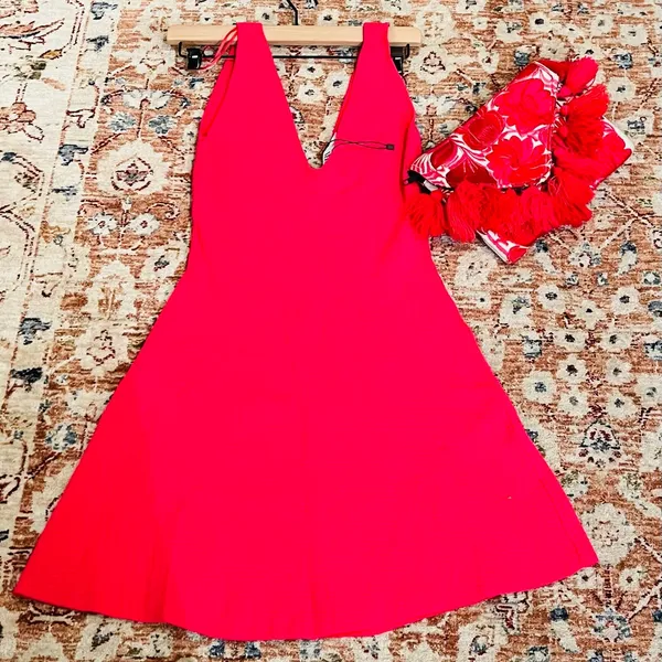 Zara Fuchsia Pink Ribbed Mini Dress NWT Size M Sleeveless V Neck Fit & Flare - Image 2