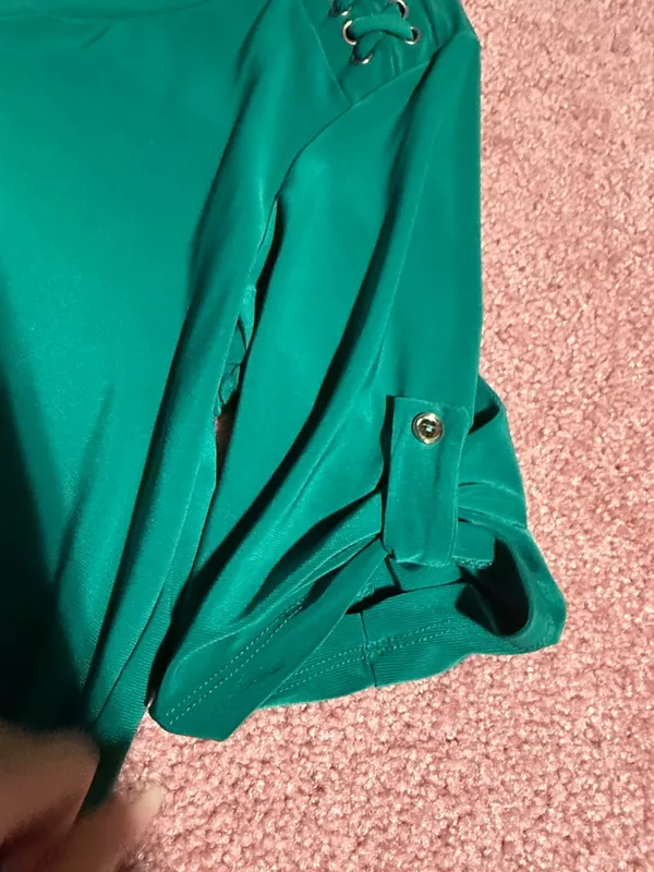 Women's Green Zip-Neck Blouse with Grommet Shoulder Detail - Image 4