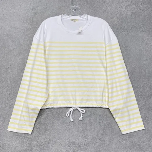 Madewell Top Womens Large Striped Drawstring Hem Cotton Tee Yellow White NZ385 - Image 2