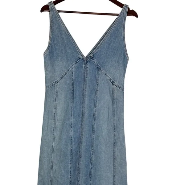 Zara Oversized Denim Seamed V Neck Sleeveless Midi Dress Side Zip Up S Blue Wash - Image 3