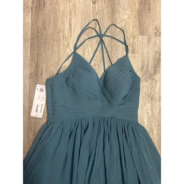 Azazie Jeanna Bridesmaid Dress Bermuda Blue Chiffon Pleated Strappy Back A8 NEW - Image 6