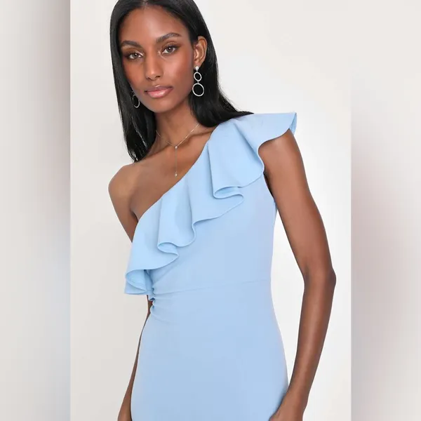 Lulus Last Forever Powder Blue One-Shoulder Ruffle Maxi Dress Size Small Formal - Image 3