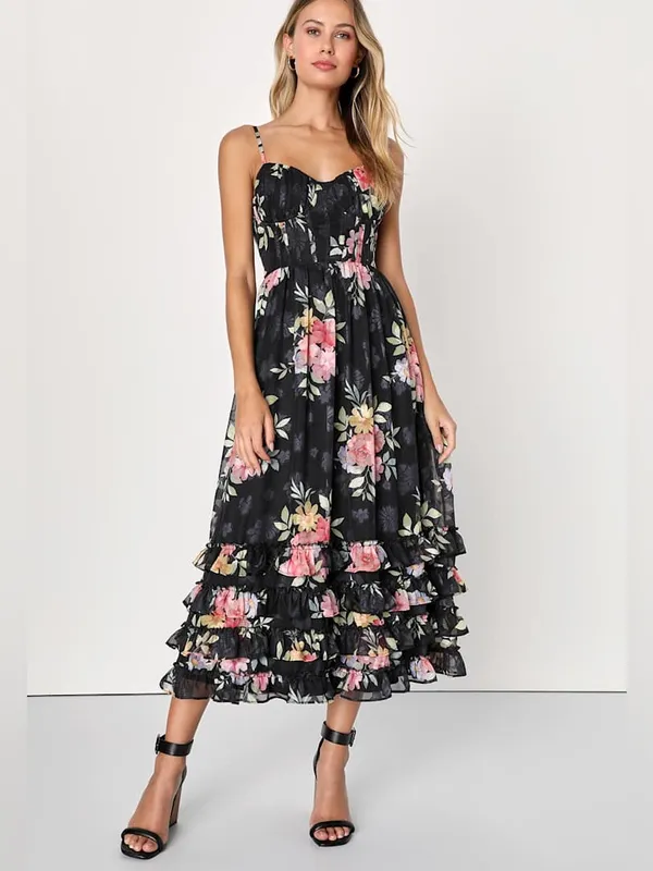 Lulus Elegant Radiance Classic Black Floral Print Ruffled Bustier Midi Dress M - Image 13