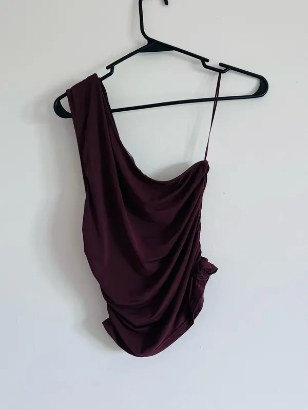 Y2K Brown One Shoulder Rosette Draped Top Medium - Image 3