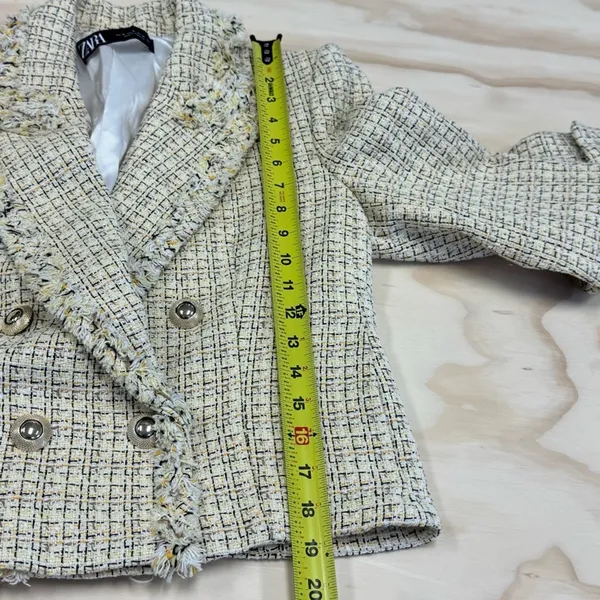 Zara Tweed Fringe‎ Double Breasted Classic Blazer Checkered Medium 2460/137/330 - Image 11