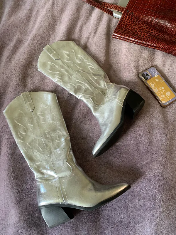 Madden Girl Madden NYC by Steve Madden Metallic Silver Etched Mid Calf Western Boots - Image 7