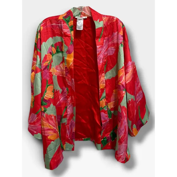Chicos Womens Red Tropical Floral Satin Kimono Jacket Lined L/XL - Image 4