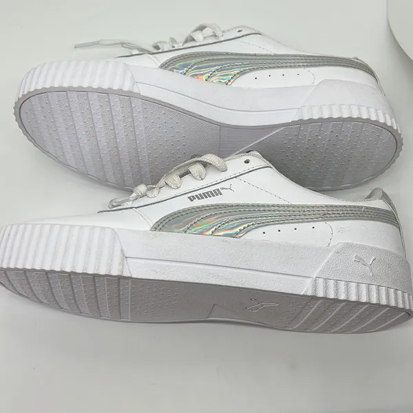Puma Carina Iridescent High Platfrom Low Top Sneakers White/Silver Women's 8.5 - Image 4