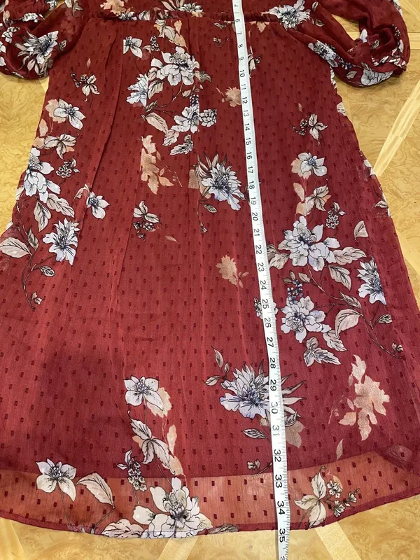 Japna Red Floral Boho Semi Sheer Ruffle Neck Long Sleeve Shift Dress Size Small - Image 10