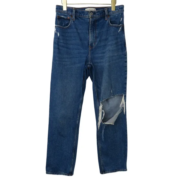Abercrombie & Fitch The 90's Straight Ultra High Rise Jeans Ripped Knee Size 29 - Image 5