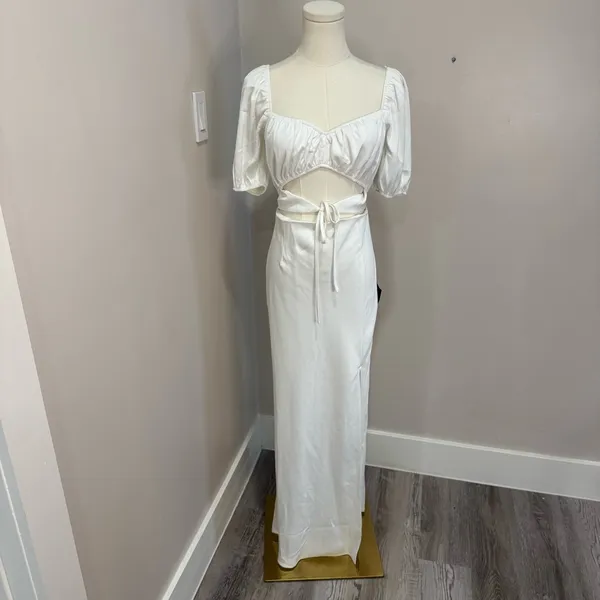 Lulus‎ Cue the Flirting White Puff Sleeve Cutout Maxi Dress Small NWT - Image 2