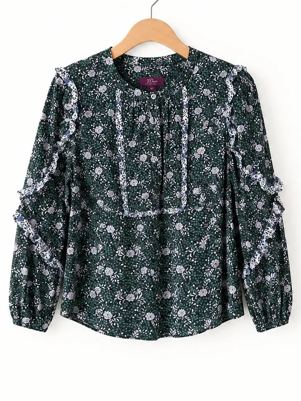 J.Crew Green Ditzy Floral Ruffle Trim Button Front Yolk Long Sleeve Blouse Small - Image 4