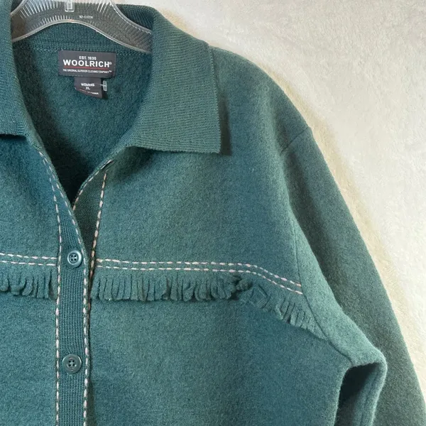 Woolrich Womens XL‎ Mallard Green 100% Wool Fringed Button Front Jacket Western - Image 9