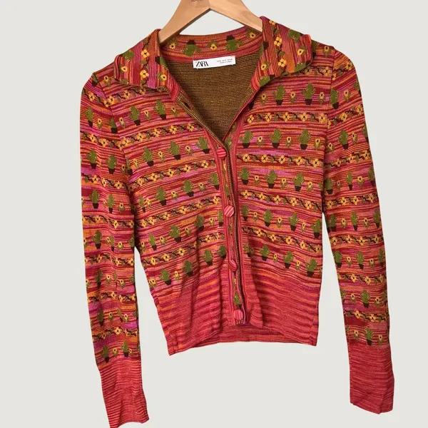 Zara Womens Cactus Floral Knit Cardigan Pink Orange Small Long Sleeve Button Top - Image 2