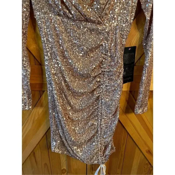 Bebe Ruched Sequin Mini Dress Hazelnut/Silver XXS Nwt (4150) - Image 3